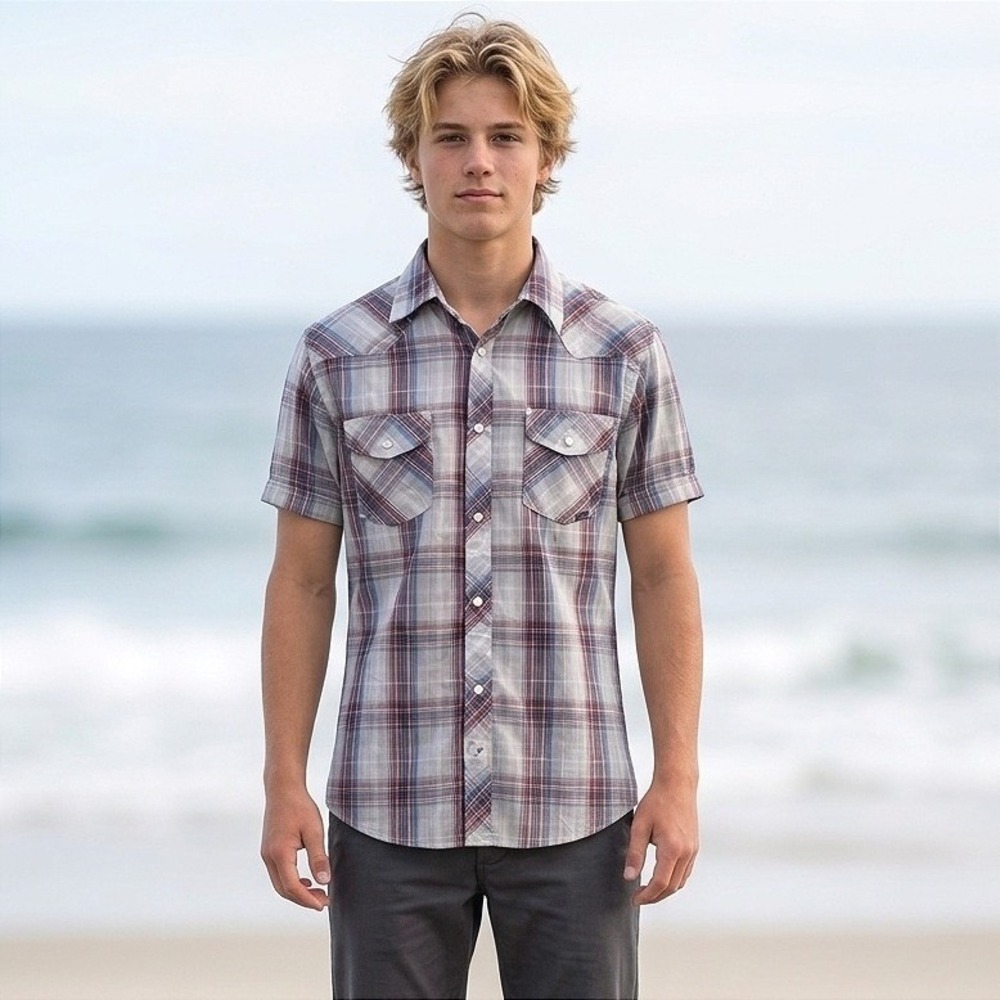Coastal Plaid Retro Western Pearl Snap Shirt Mens Small Surf Americana 20x28